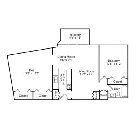 Floor plan for 1 bed, 1 bath, 1038 sqft
